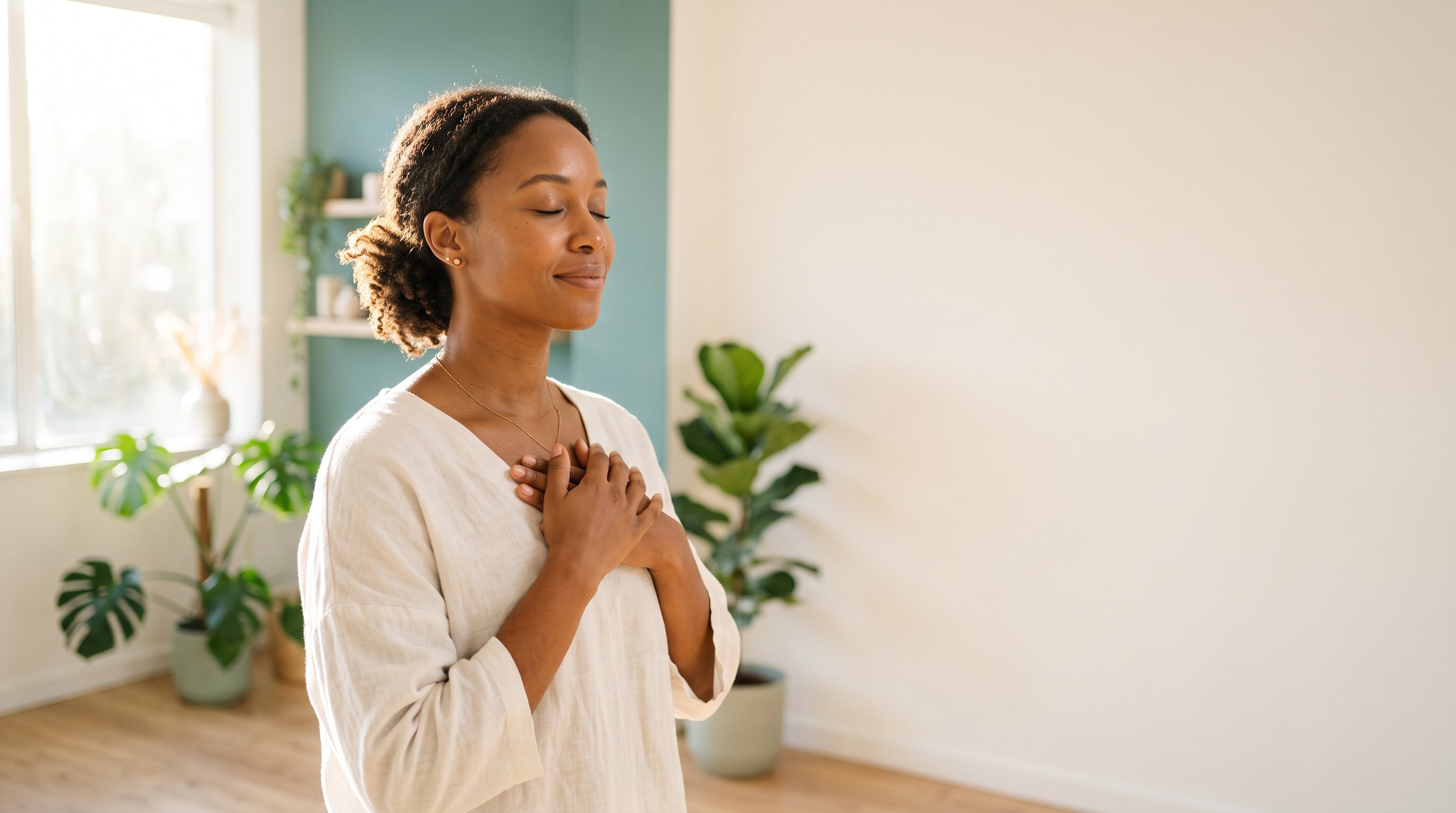 Woman breathing calmly with her hands on her heart in a bright, plant-filled room