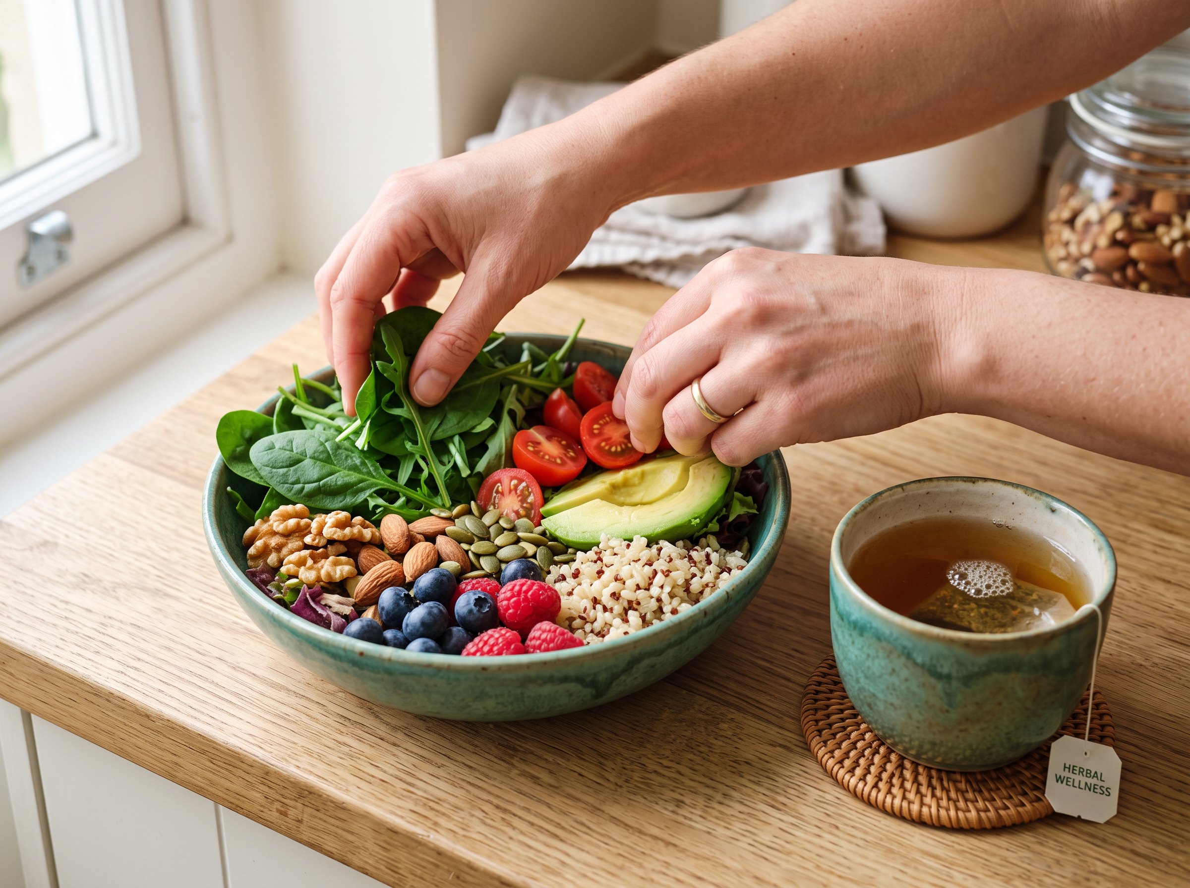 Hands preparing a colourful plant-based meal on a wooden board