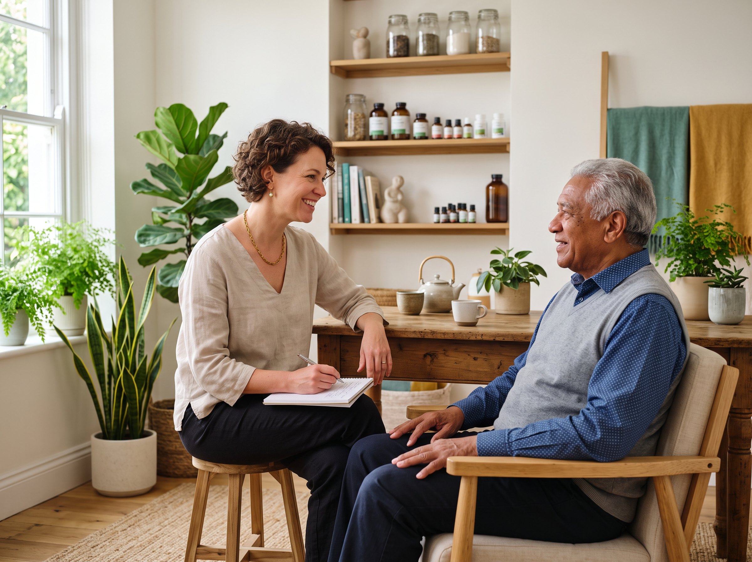 Holistic practitioner reviewing a personalised wellness plan with a patient